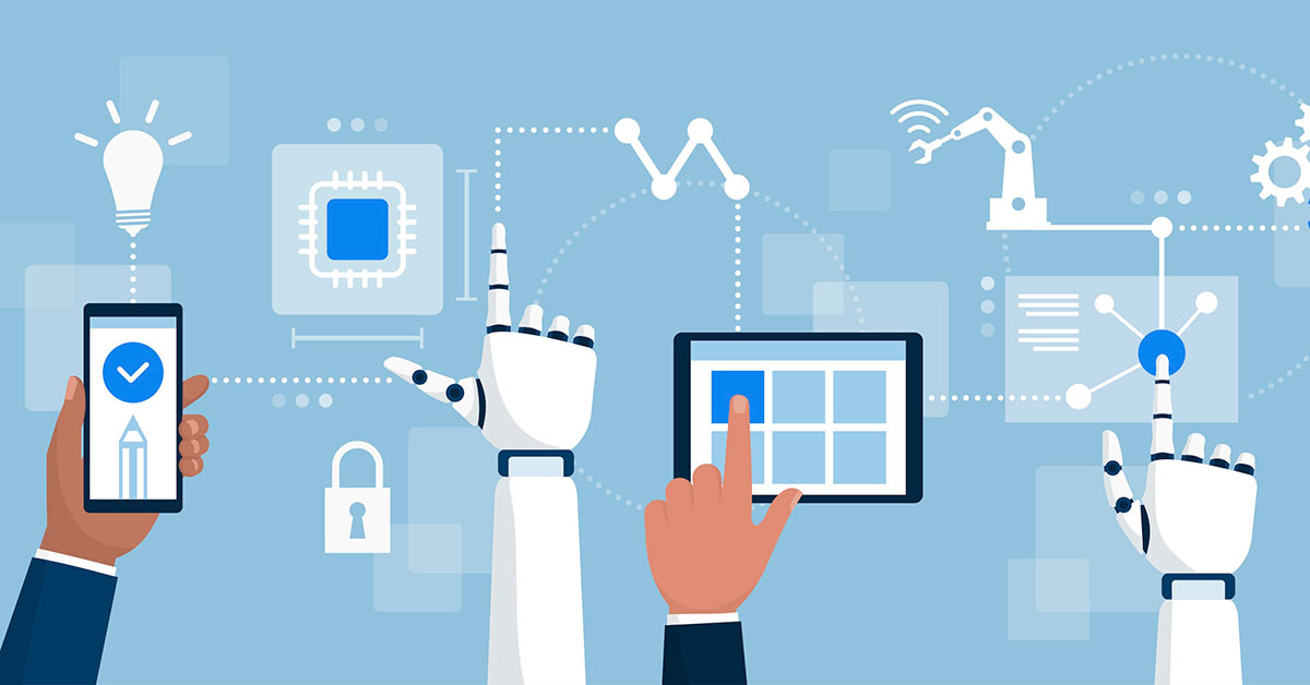 Illustration of human hands and robot hands clicking onto phones and tablets