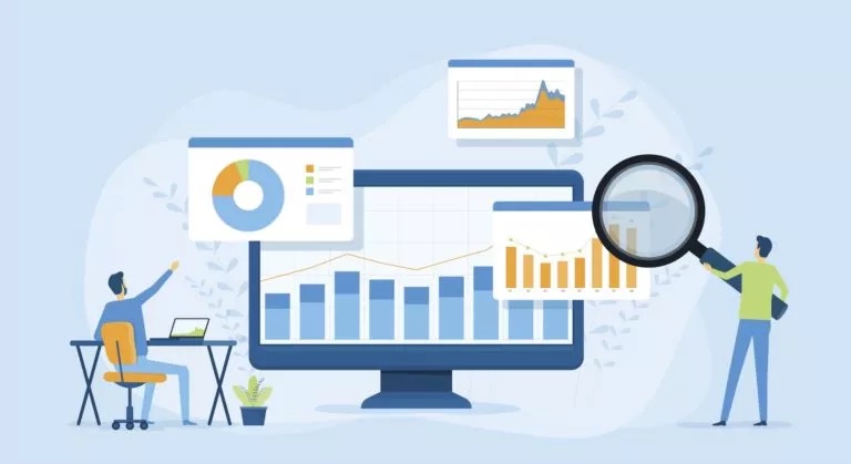 Illustration of charts and graphs with cartoon people pointing at the data