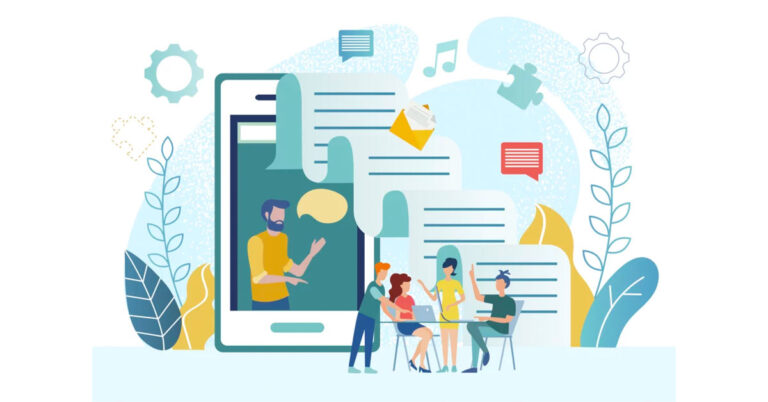Illustration of people sitting around a table with data graphics flowing from a tablet